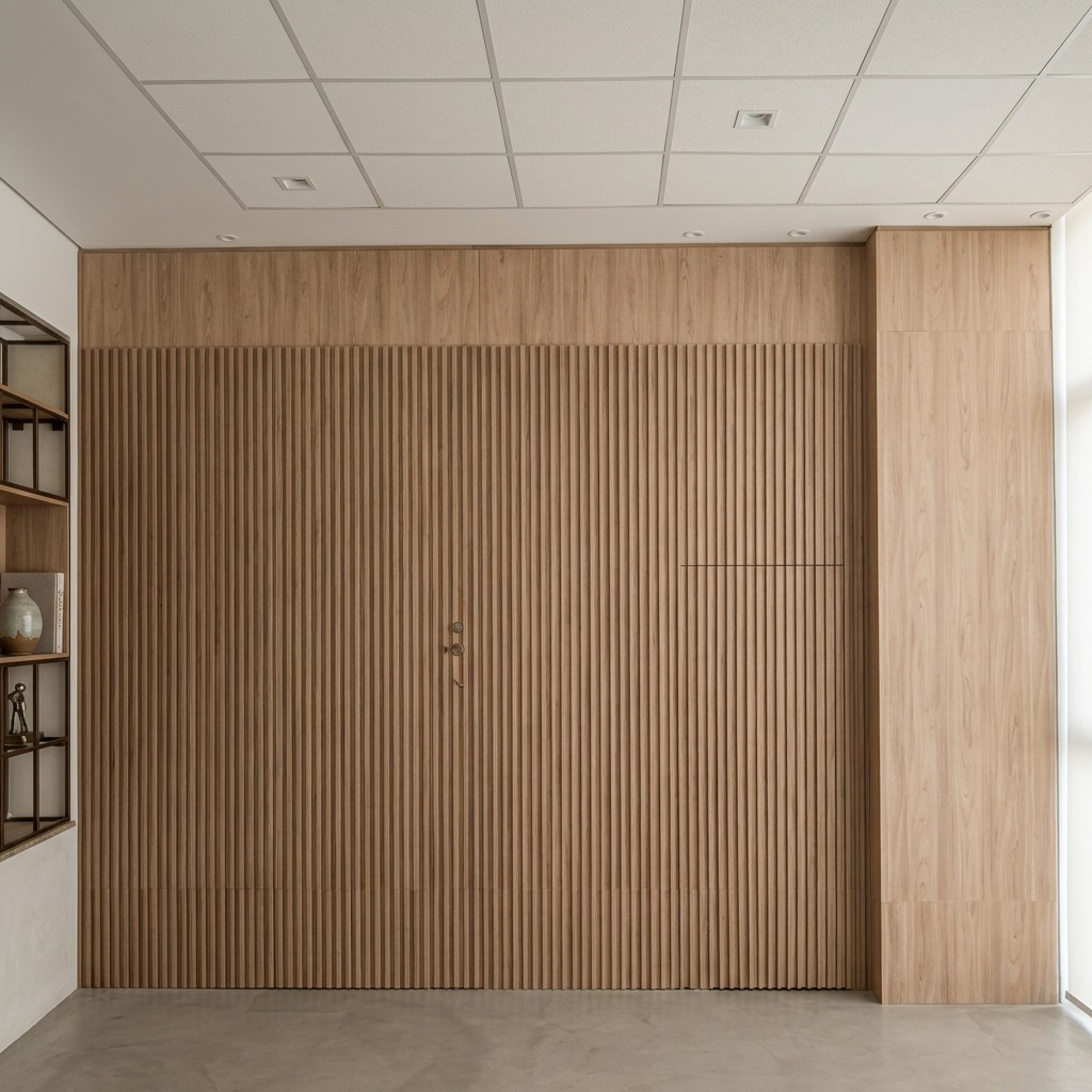 Painel ripado com porta invisível integrada — sala planejada alto padrão Curitiba